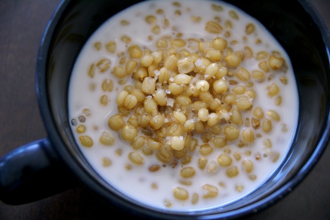 Wheat berries with almond milk, sea salt and maple syrup