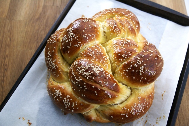 Challah shaped into a round braid